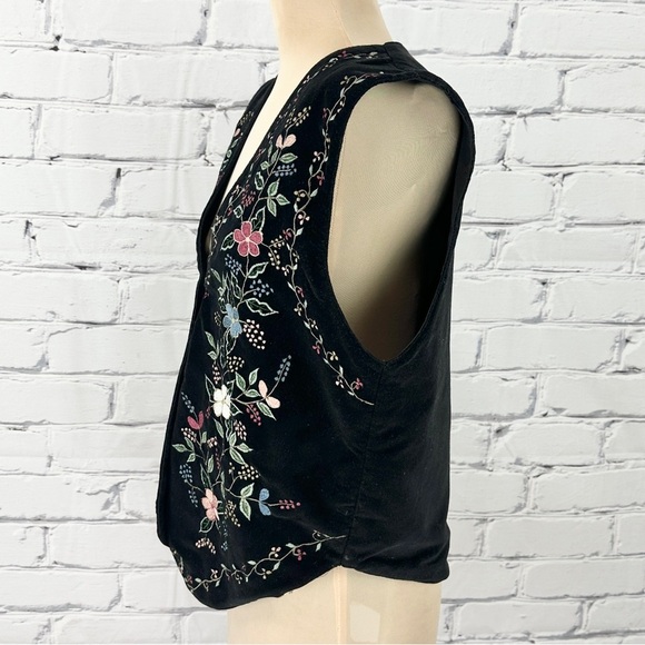 Vtg Chrysantheme Embroidered Velvet Vest Small Black Floral Boho 90s Grandmacore - Picture 2 of 10